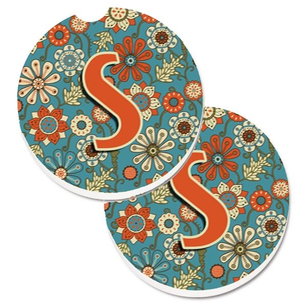 Letter S Flowers Retro Blue Set of 2 Cup Holder Car Coaster